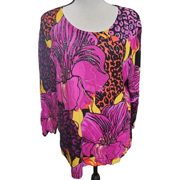 Peter Nygard Embellished Top Size XL Bright Floral Comfort - Picture 1 of 7